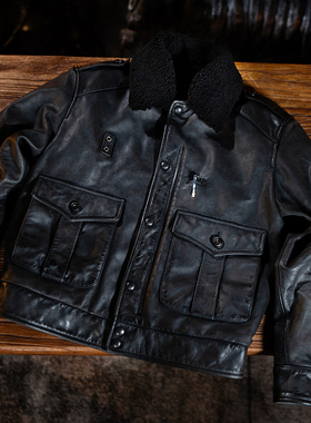 莫臣复古黑色加棉牛皮翻领真皮皮衣外套羊羔毛毛领战地夹克P124H