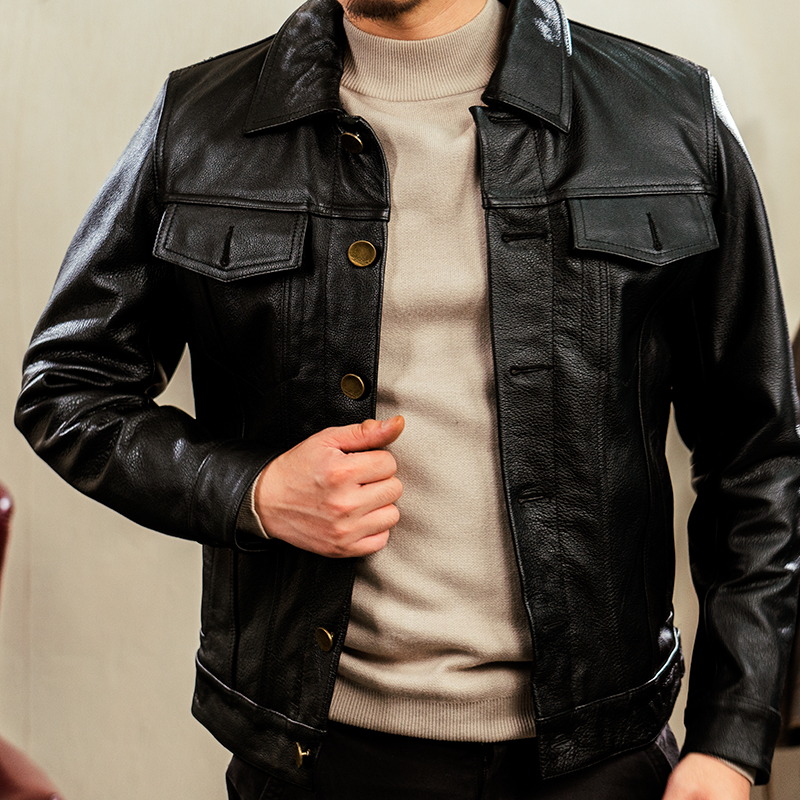 修身莫臣翻领短款真皮皮衣