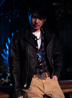 莫臣做旧水洗酵素褪色小牛皮机车夹克骑行皮衣外套男装黑色G915