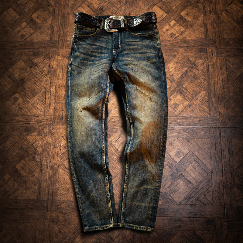 莫臣男士美式复古泥黄牛仔裤水洗做旧时尚休闲直筒潮长裤子MC017
