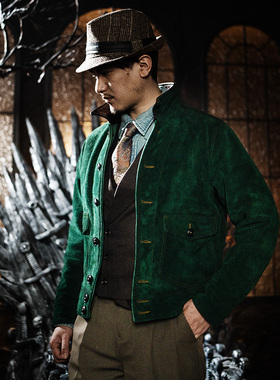 莫臣男士新款春秋翻领翡翠绿反绒牛皮 真皮皮衣复古老钱风FRL072