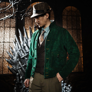 莫臣男士新款春秋翻领翡翠绿反绒牛皮 真皮皮衣复古老钱风FRL072