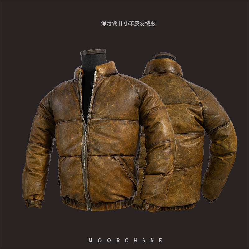 莫臣男装冬季姜黄色无涂层真皮羊皮羽绒服保暖立领鸭绒外套P002