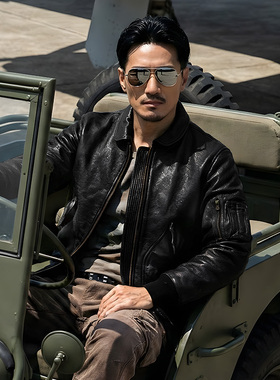 莫臣男装黑色飞行服复古做旧翻领山羊皮休闲加棉保暖夹克G9131