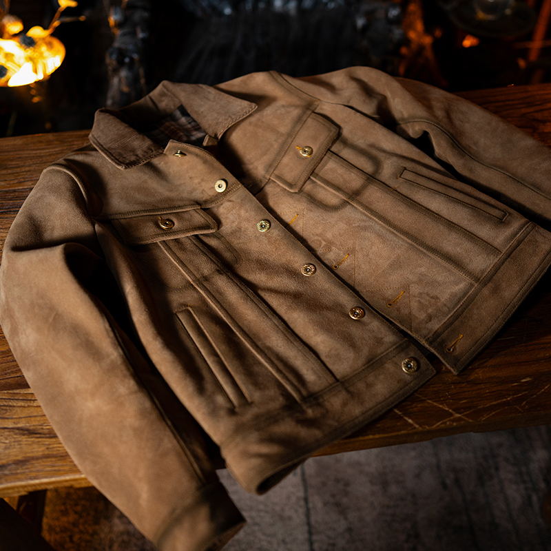 重工~莫臣男装斑驳旧化牛皮翻领短款复古休闲绒面皮衣夹克PF507T