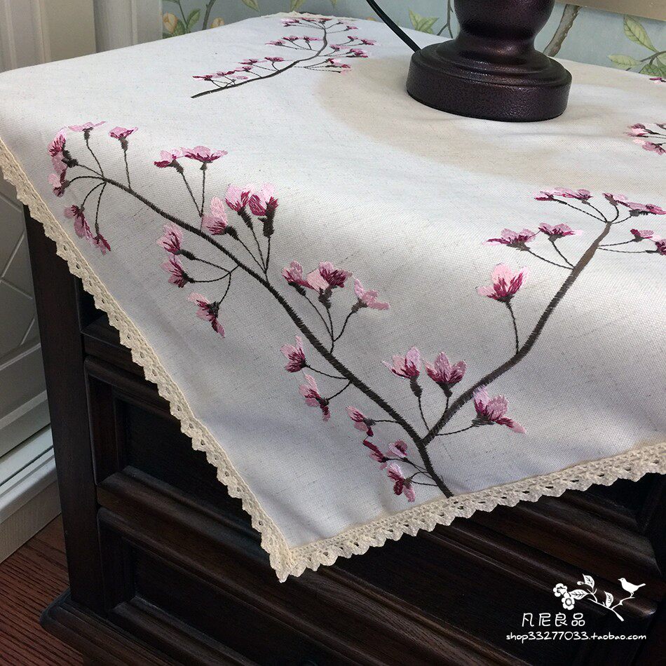 미국 중국 스타일의 목가적 인 면화와 린넨 수 놓은 침대 옆 테이블 코너 테이블 TV 전자 레인지 워터 디스펜서 방진 커버 천