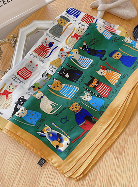 夏秋新款70方巾猫咪印花时尚气质百搭薄款丝巾潮流搭配领巾包头巾