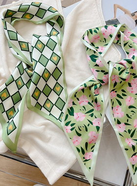 春夏新款绿色丝巾女百搭时尚围巾多功能绑包包发带气质潮流腕巾女