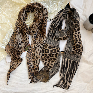 美式 百搭小众设计千禧风长条领巾围巾 复古辣妹豹纹丝巾女春秋薄款