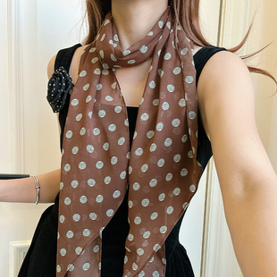 复古港风时尚黑色波点长条丝巾女纯欲风绑发飘带春秋新款百搭领巾