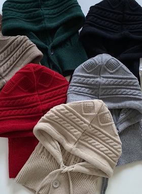 仿羊绒女款加厚针织帽子围脖一体两用秋冬季保暖防风百搭包头帽潮