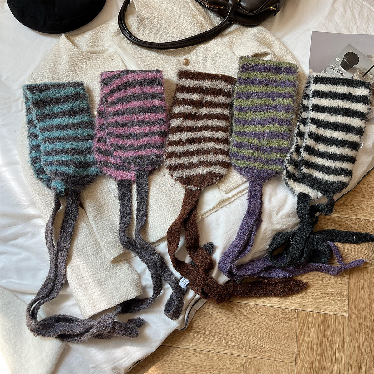 系带条纹保暖耳罩秋冬