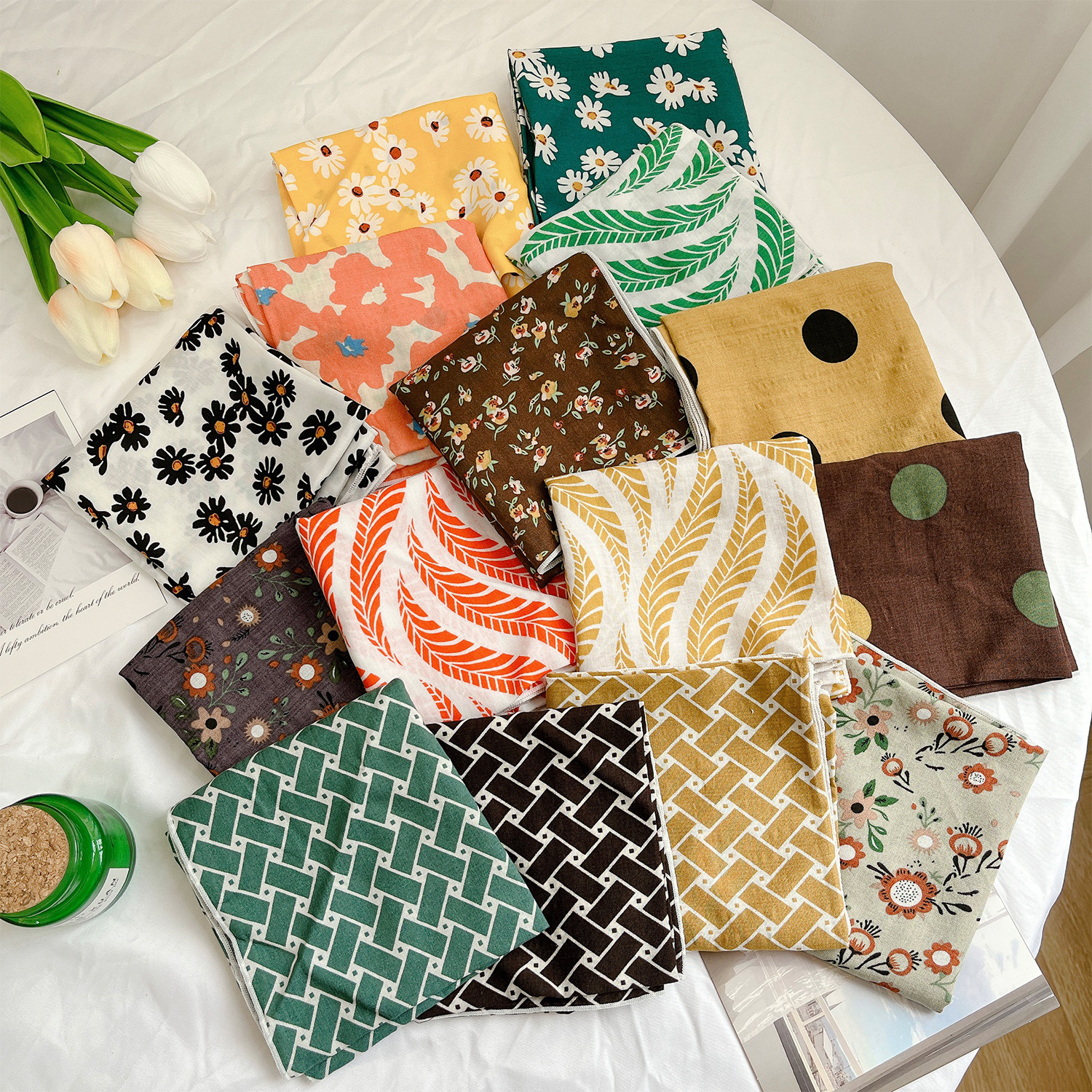 春夏季清新棉质小方巾复古文艺包头巾外搭时尚领巾职业55cm丝巾女