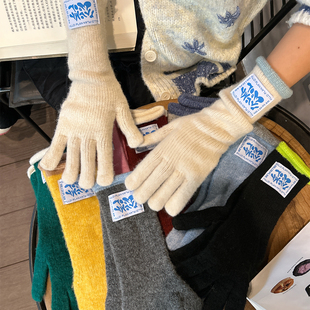 秋冬新款 百搭露指触屏户外骑防寒保暖护手 纯色针织分指手套女韩版
