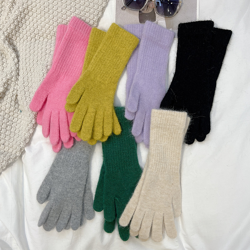 秋天针织仿兔毛手套女冬季新全包连指保暖防寒纯色情侣风学生加厚