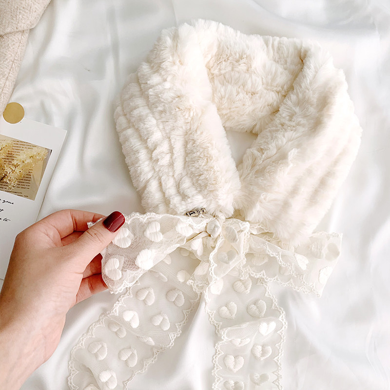 仿獭兔毛毛绒蕾丝小围巾女士韩版百搭冬季加厚保暖白色领子围脖套