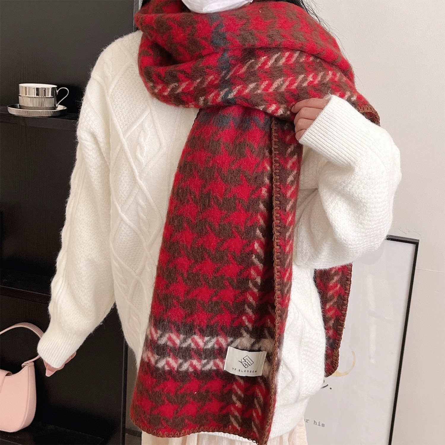 韩版新款百搭撞色围巾秋冬季女高级感复古千鸟格护颈保暖防风围脖,服饰配件/皮带/帽子/围巾,围巾/丝巾/披肩,淘宝优惠券,粉丝福利购,淘宝优惠卷