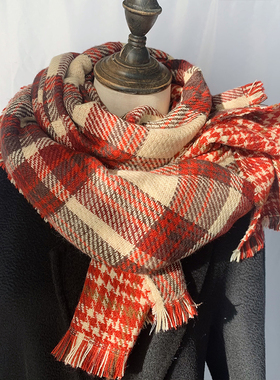圣诞双面复古红色千鸟格子围巾女冬季韩版英伦经典百搭加厚围脖男