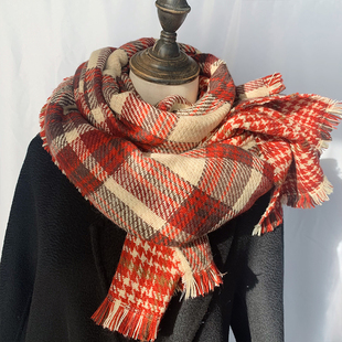 百搭加厚围脖男 英伦经典 圣诞双面复古红色千鸟格子围巾女冬季 韩版