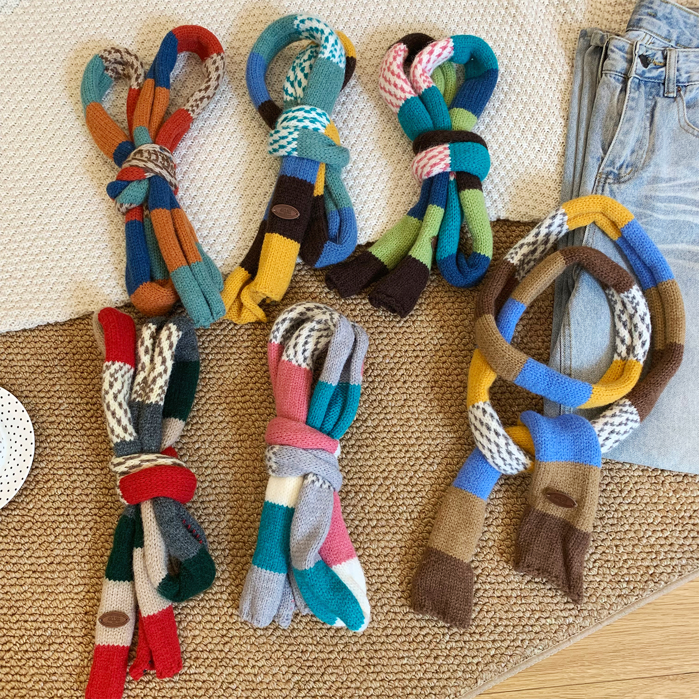 2025韩版长款细窄彩色条纹毛绒围巾女秋冬保暖装饰时髦百搭围脖潮