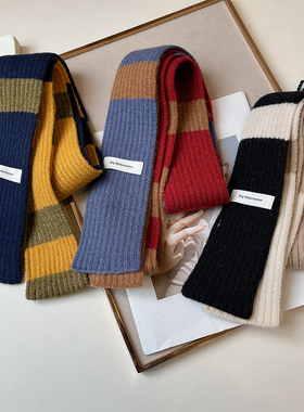 韩版ins撞色条纹细窄长条围巾女秋冬y2k辣妹护颈百搭装饰针织围脖