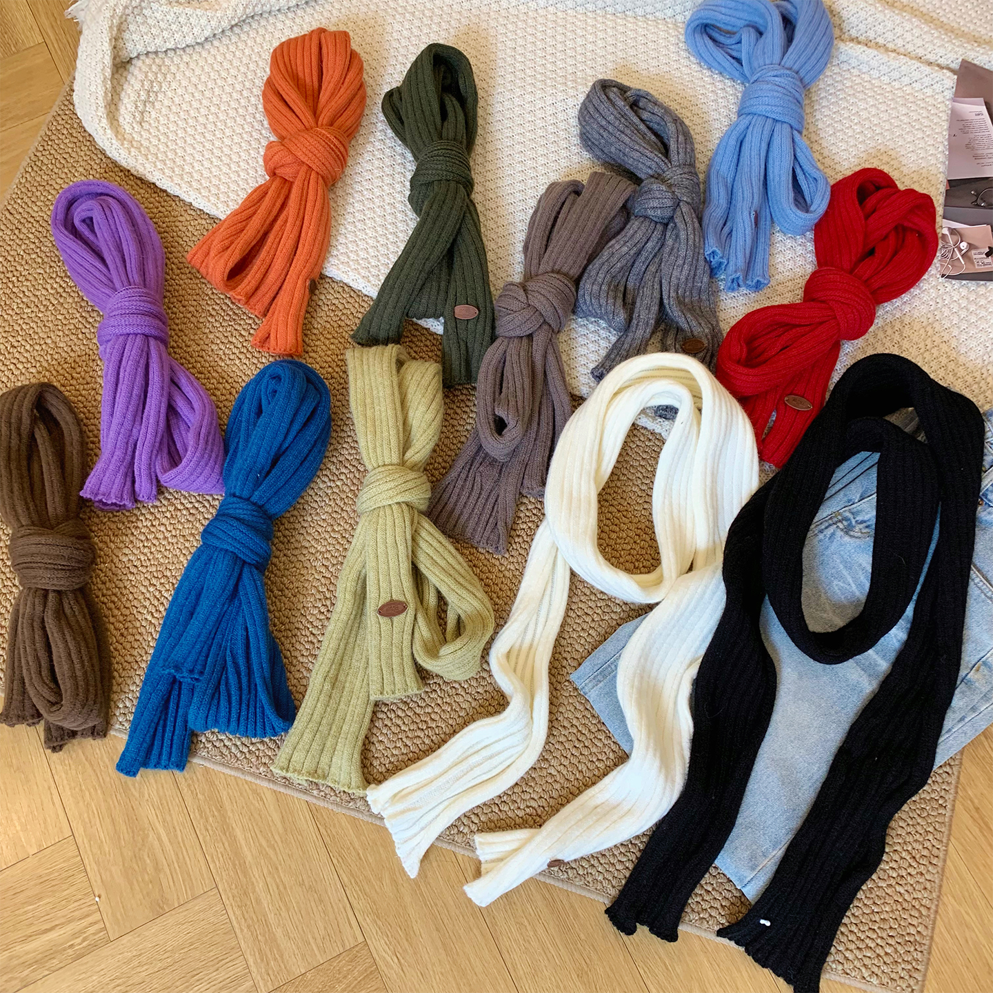 韩版纯色针织细窄长款围巾围脖女