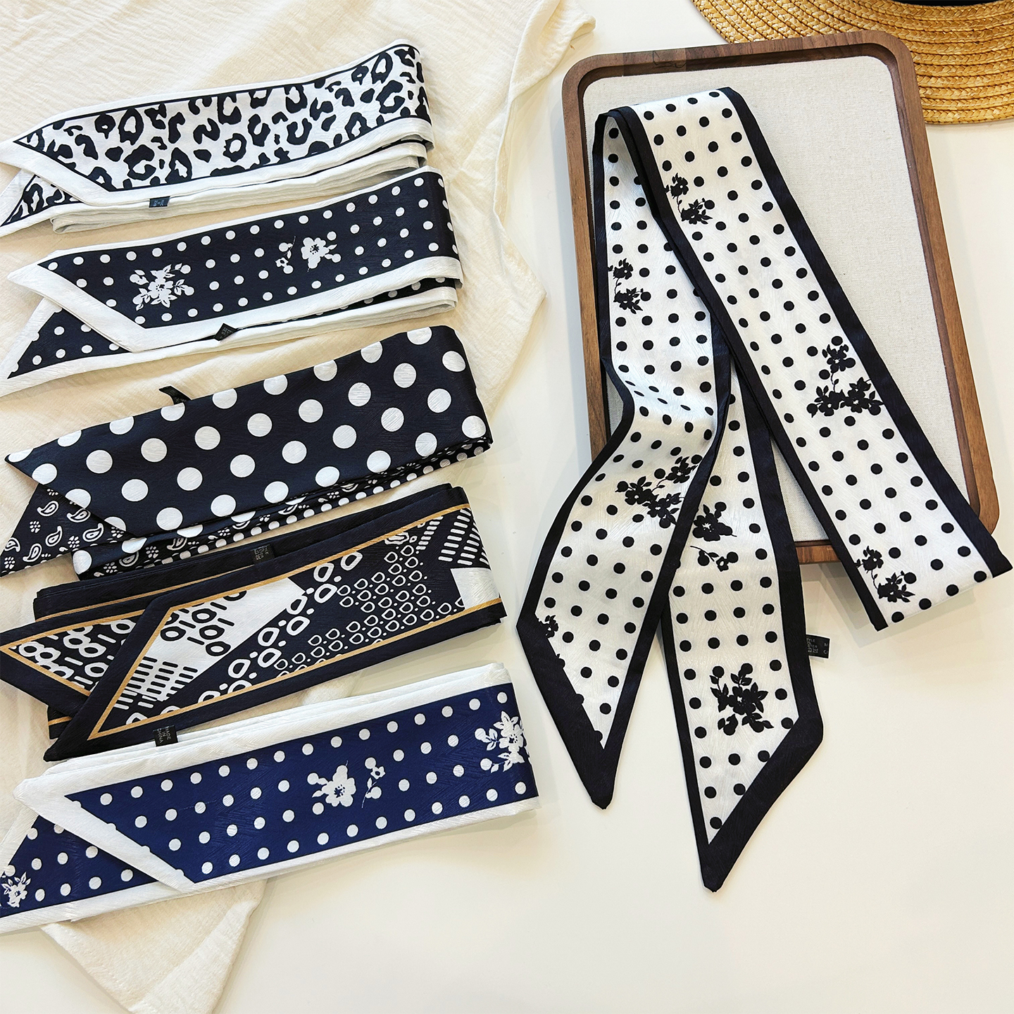 法式复古百搭波点长条丝巾春夏季高级感领巾系腰绑发绑包外搭装饰