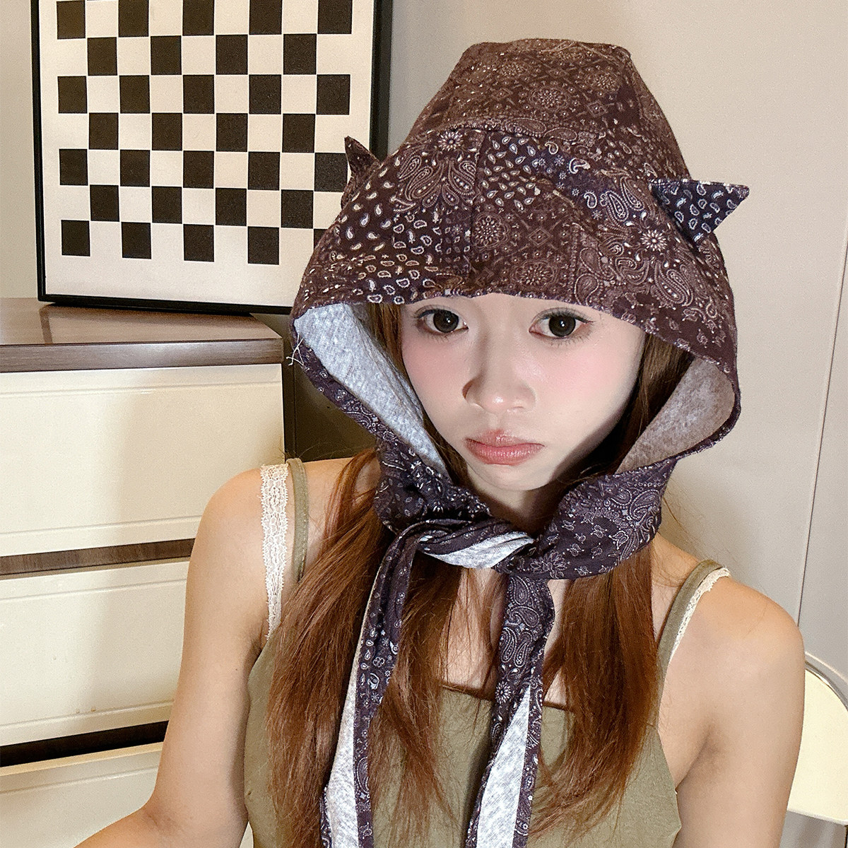 甜酷恶魔犄角新款包头帽子春秋季凹造型头巾帽薄款女显脸小装饰潮