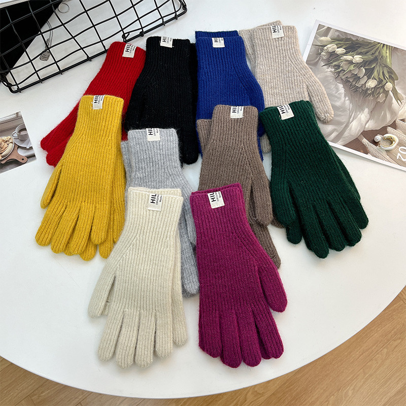 手套女冬季百搭糖果温柔韩系学院风纯色针织手套分指五指保暖玫红