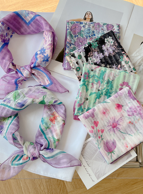 春夏紫色棉质高级感小丝巾女百搭气质方巾洋气时尚头巾外搭领子巾