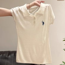 小马刺绣白色短袖针织Polo衫女夏薄款韩系高级感冰丝正肩t恤上衣