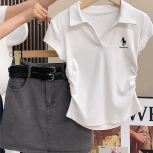小马刺绣白色polo翻领短袖 显瘦正肩上衣 t恤女夏纯棉2025新款 修身