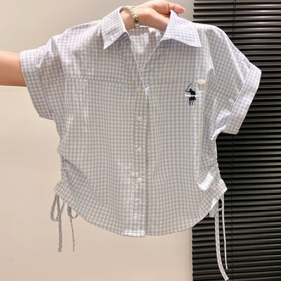 小马刺绣蓝色格子短袖衬衫女夏独特漂亮掐腰小衫设计感绝美小上衣