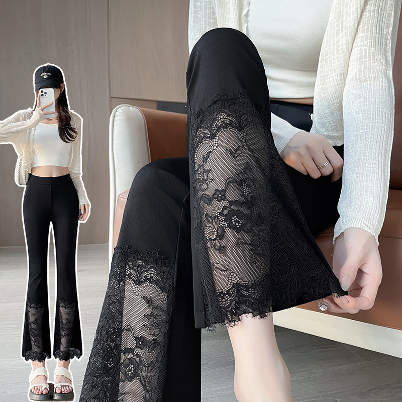 实拍 2026新款蕾丝拼接黑色微喇叭西装裤女高腰显瘦九分休闲裤
