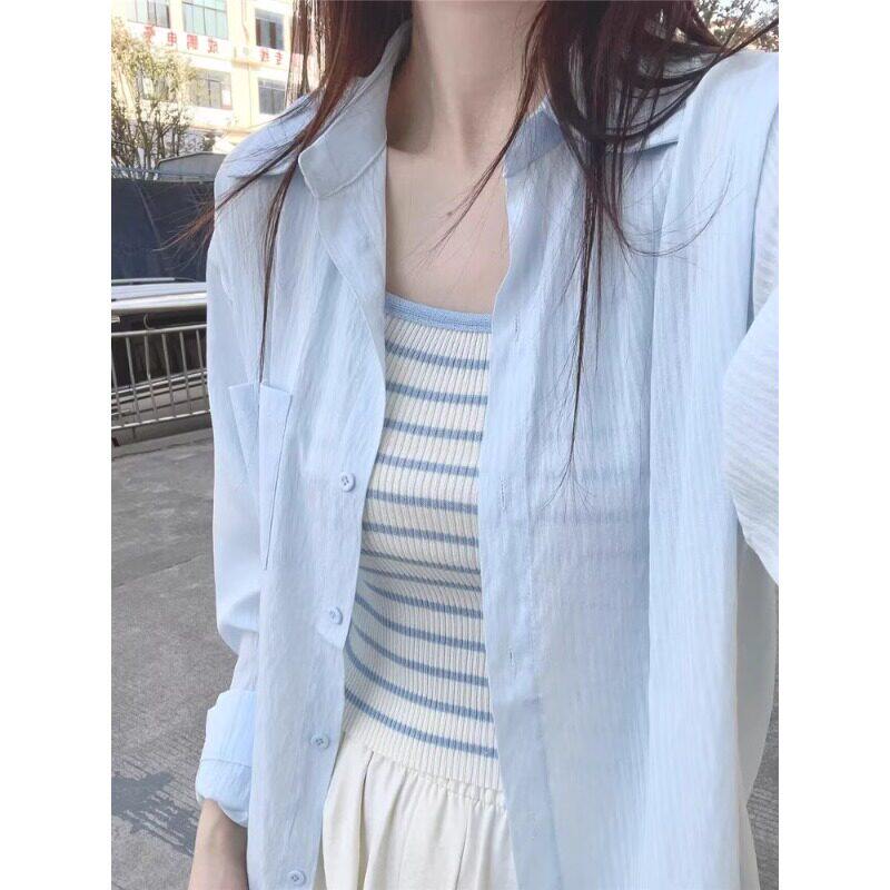 蓝色亚麻防晒衬衫女2026新款夏季轻薄小个子开衫长袖袖套外套上衣