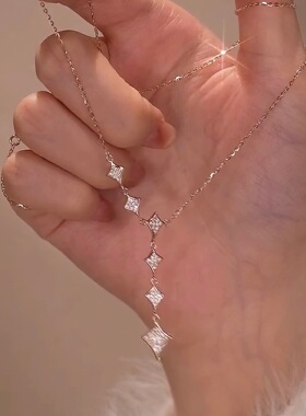 2025新款纯银韩版流苏项链 满钻六颗四角星吊坠锁骨链