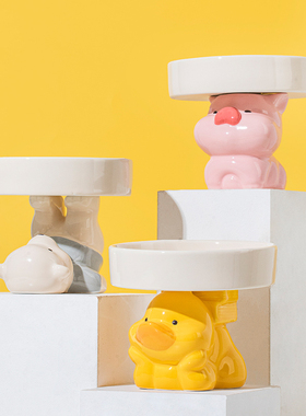 卡通猫碗陶瓷高脚护颈猫粮碗猫咪狗狗喝水碗饭盆不易打翻宠物食盆