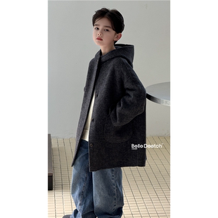 韩国波拉双面专柜羊绒大衣男童女童2025冬连帽中长款外套亲子
