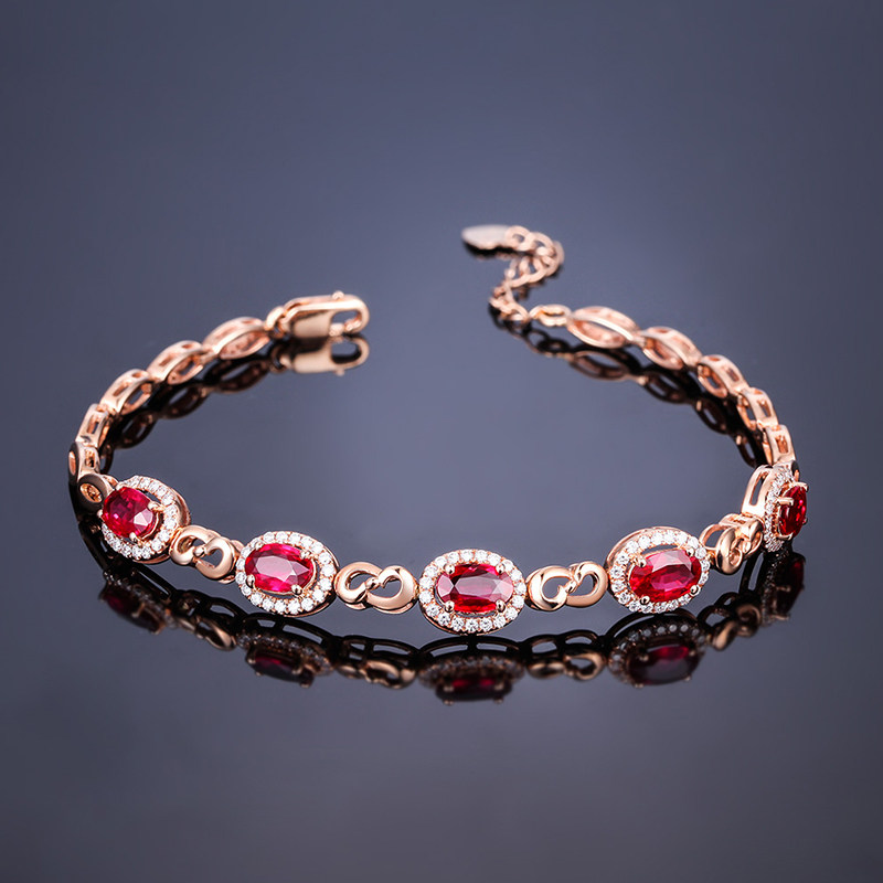 缘彩珠宝莫桑比克天然鸽血红宝石蓝宝手链18k金钻石手镯手圈女
