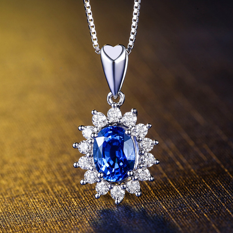 缘彩珠宝戴妃款斯里兰卡1克拉天然皇家蓝宝石吊坠18k金镶钻石项链