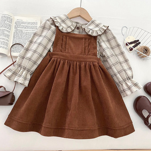 女童格子翻领衬衫长袖套装秋季2025年新款洋气时髦背带裙两件套潮