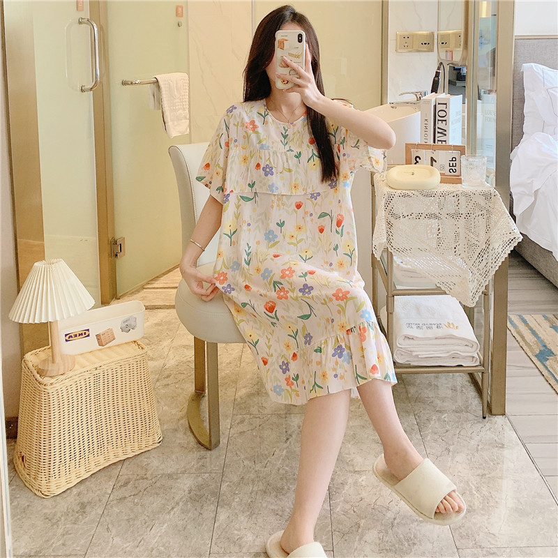 2026新款防凸点睡裙女夏季薄款棉绸长裙短袖孕妇裙宽松大码家居服