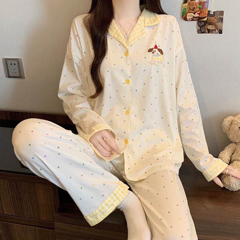 甜点猫咪卡通睡衣女春秋季新款粉色小波点长袖套装家居服外穿