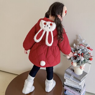 女童外套2025冬季新款洋气兔耳朵棉衣网红保暖连帽童装棉袄潮