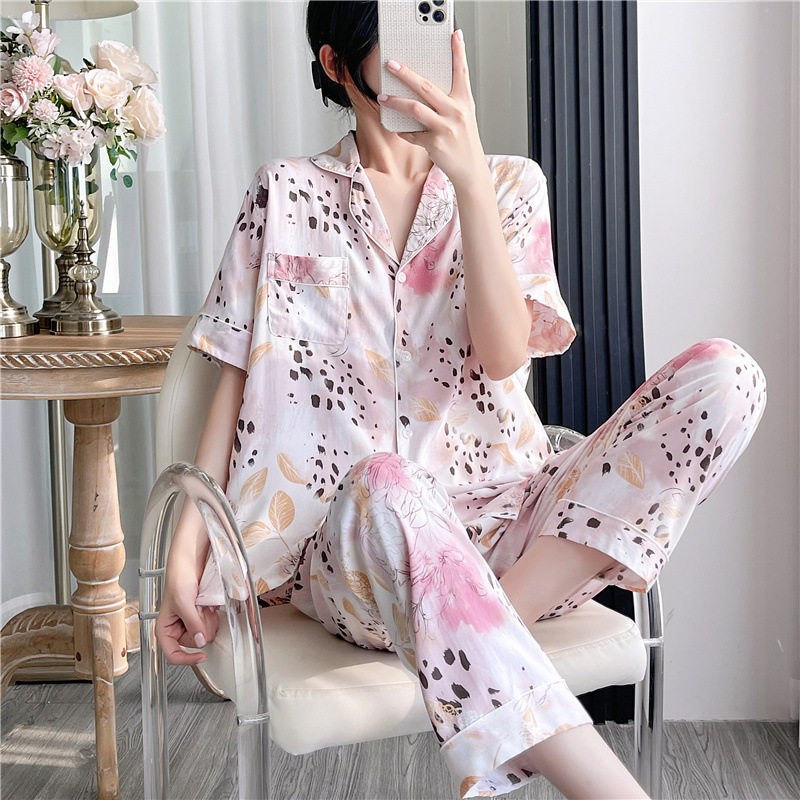 韩版甜美短袖睡衣女春夏季棉绸衬衫领可外穿家居服公主风套装