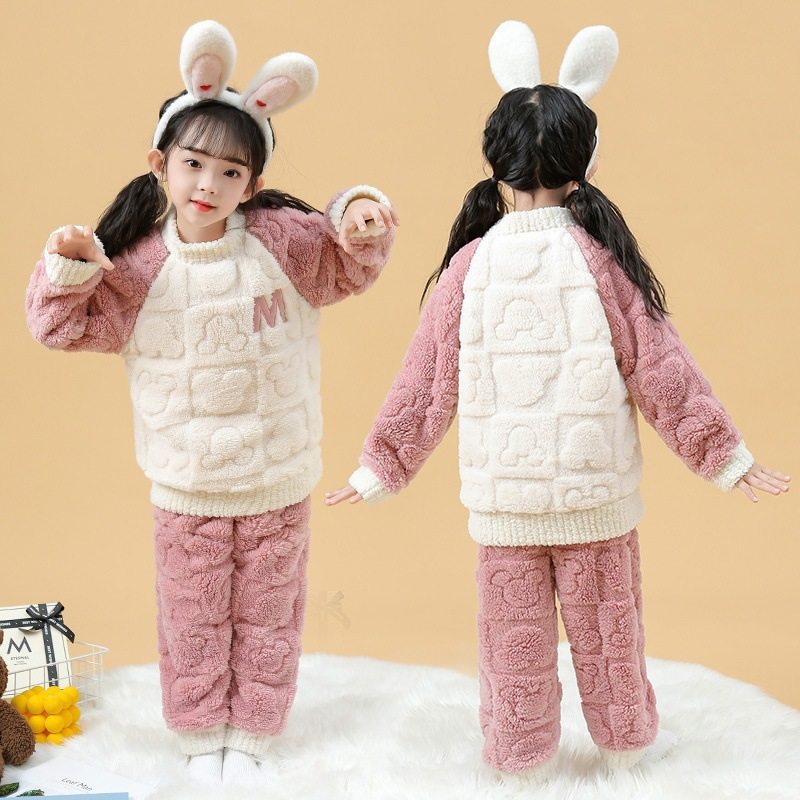 中大童女孩男童2025冬季毛绒套头保暖居家珊瑚绒可爱舒适睡衣套装