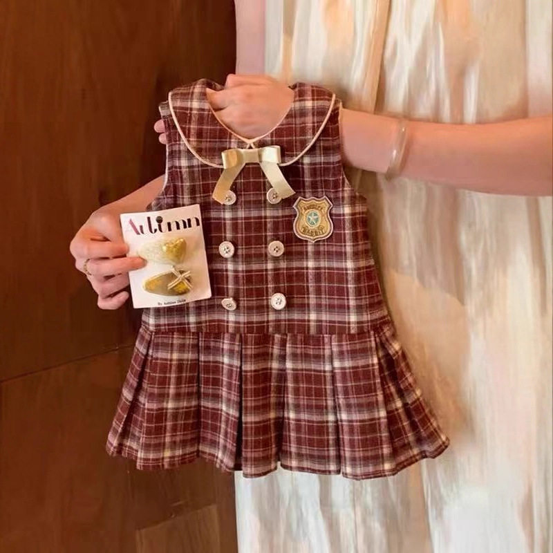 女童学院风格子毛呢背心裙套装秋冬新款蝴蝶结娃娃领百褶裙连衣裙