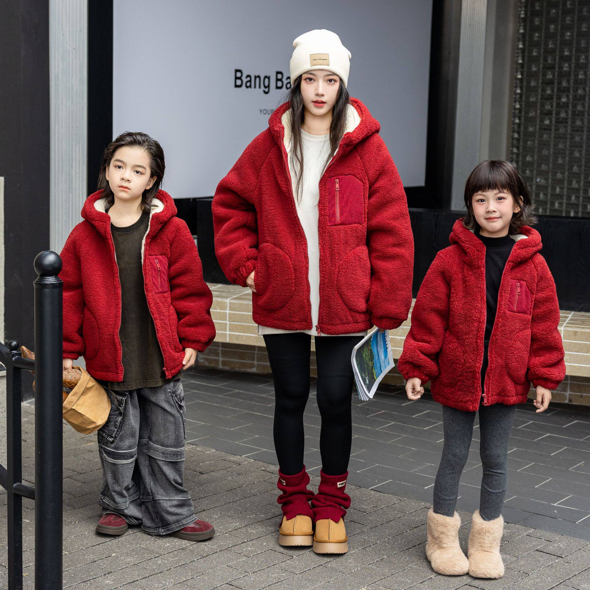 儿童特厚棉袄秋冬季外穿韩版洋气男女童外套加绒加厚红色连帽外套
