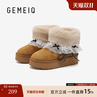 戈美其洛丽塔风蕾丝蝴蝶结厚底雪地靴翻毛边加绒保暖甜美短筒棉靴