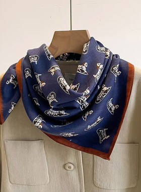 蓝色小马方巾春秋气质蓝色时尚百搭薄款韩版秋冬季小方巾65*65cm